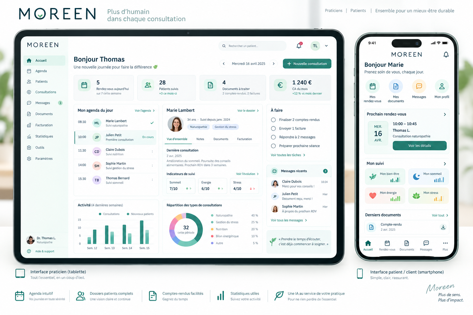 Visuel de conception de Moreen : interface du praticien sur tablette et espace de la personne accompagnée sur smartphone